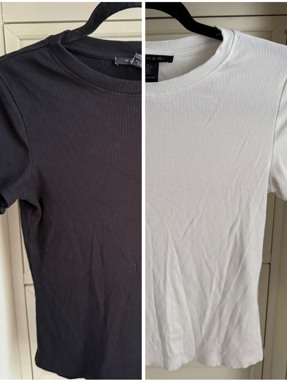 2-pk Tahari Black and White Ribbed Crewneck Short Sleeve Tees